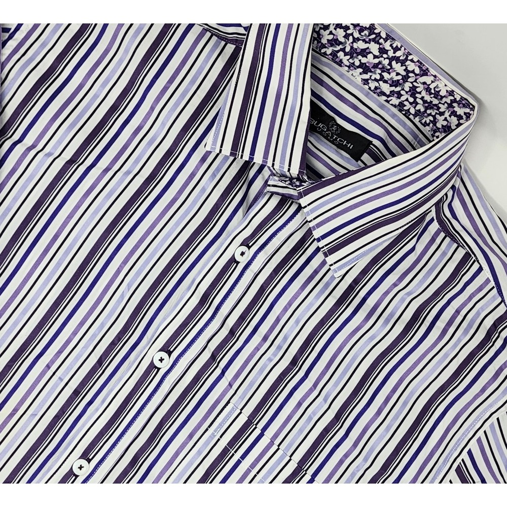 Bugatchi Men's Long Sleeve Button Up Shirt Sz Large Purple Striped Flip Cuff EUC